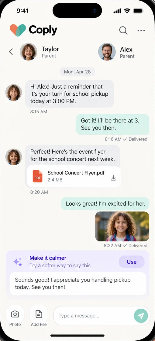 Secure co-parent messaging conversation