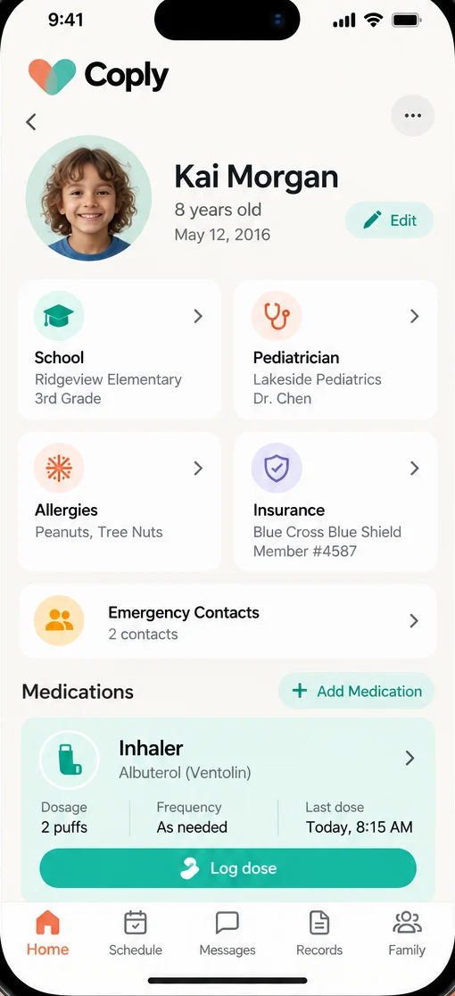 Child medical information and medication