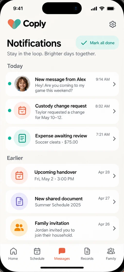 Co-parenting activity notifications