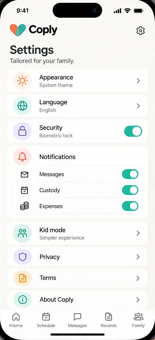 Coply app settings