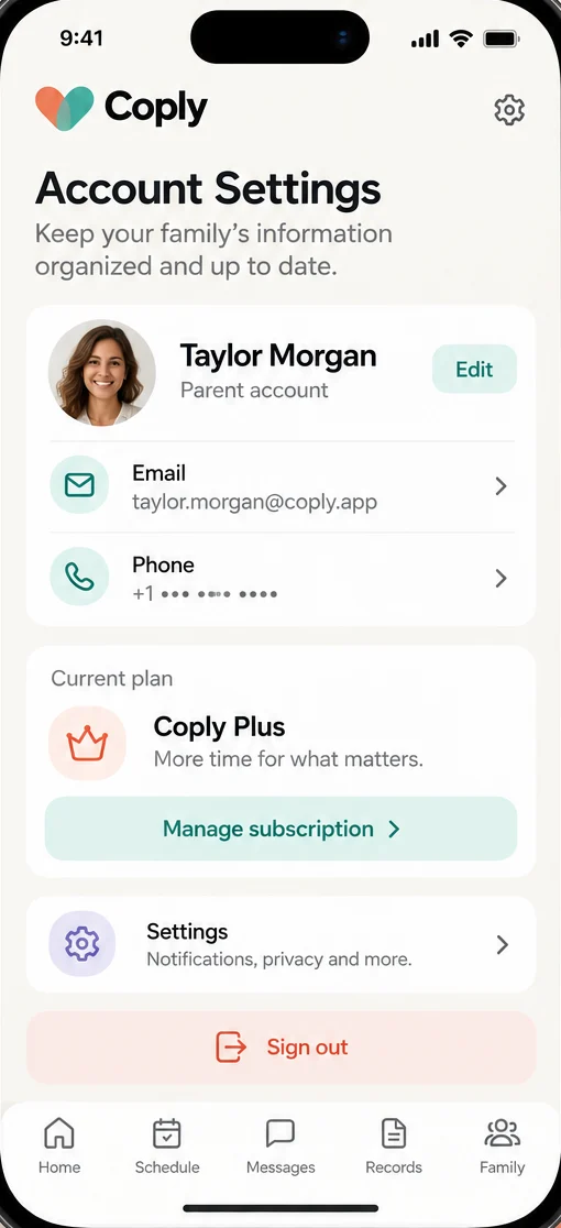 Coply parent account profile